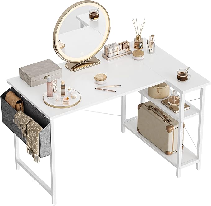 L Shaped Desk, 40 Inch Computer Desk with Reversible Storage Shelves Home Office Corner Desk Study Writing Table, Deep Brown