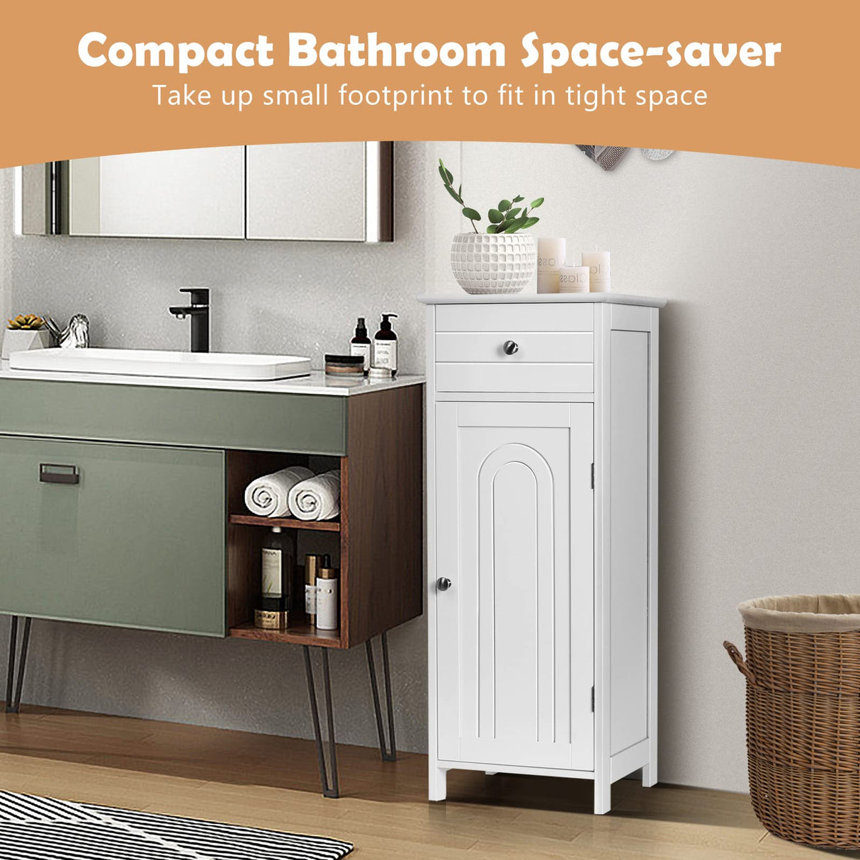 Bathroom Storage Cabinet, Single Door Floor Cabinet with Drawer and 3-Level Adjustable Shelves,