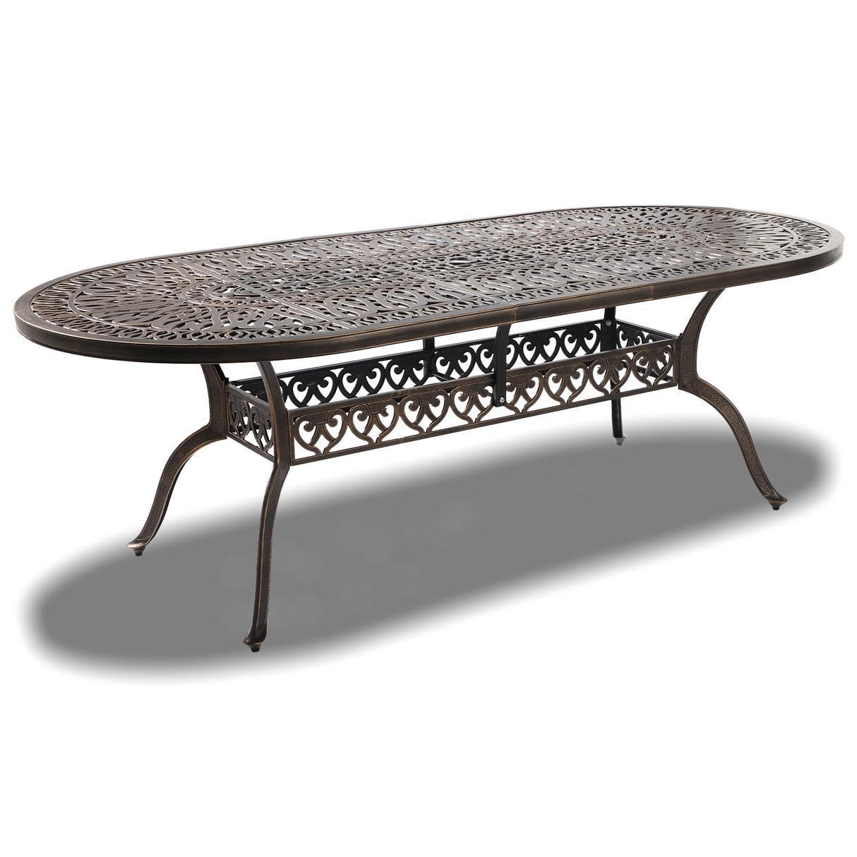 Patio Dining Table, 87" Outdoor Patio Table with Umbrella Hole Bronze Oval Cast