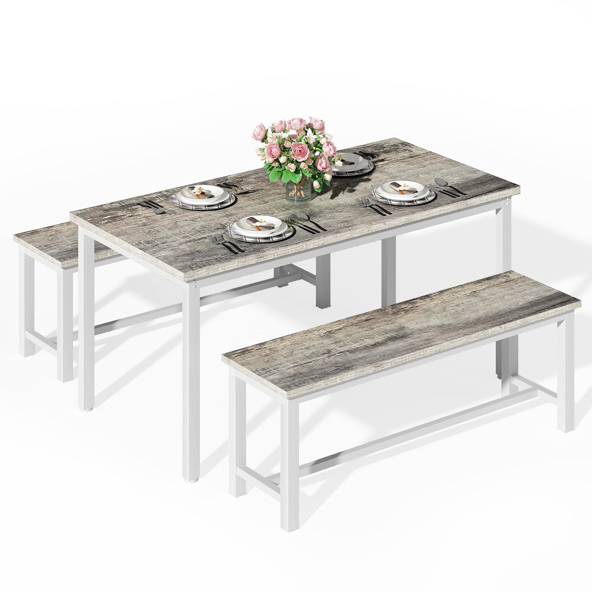 Recaceik Dining Room Table Set for 4, Modern Kitchen Table Set for 4 with 2 Bench for Small Kitchen