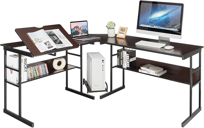 67 Inches L-Shaped Office Desk, Corner Computer Desk with Bottom Bookshelves & CPU