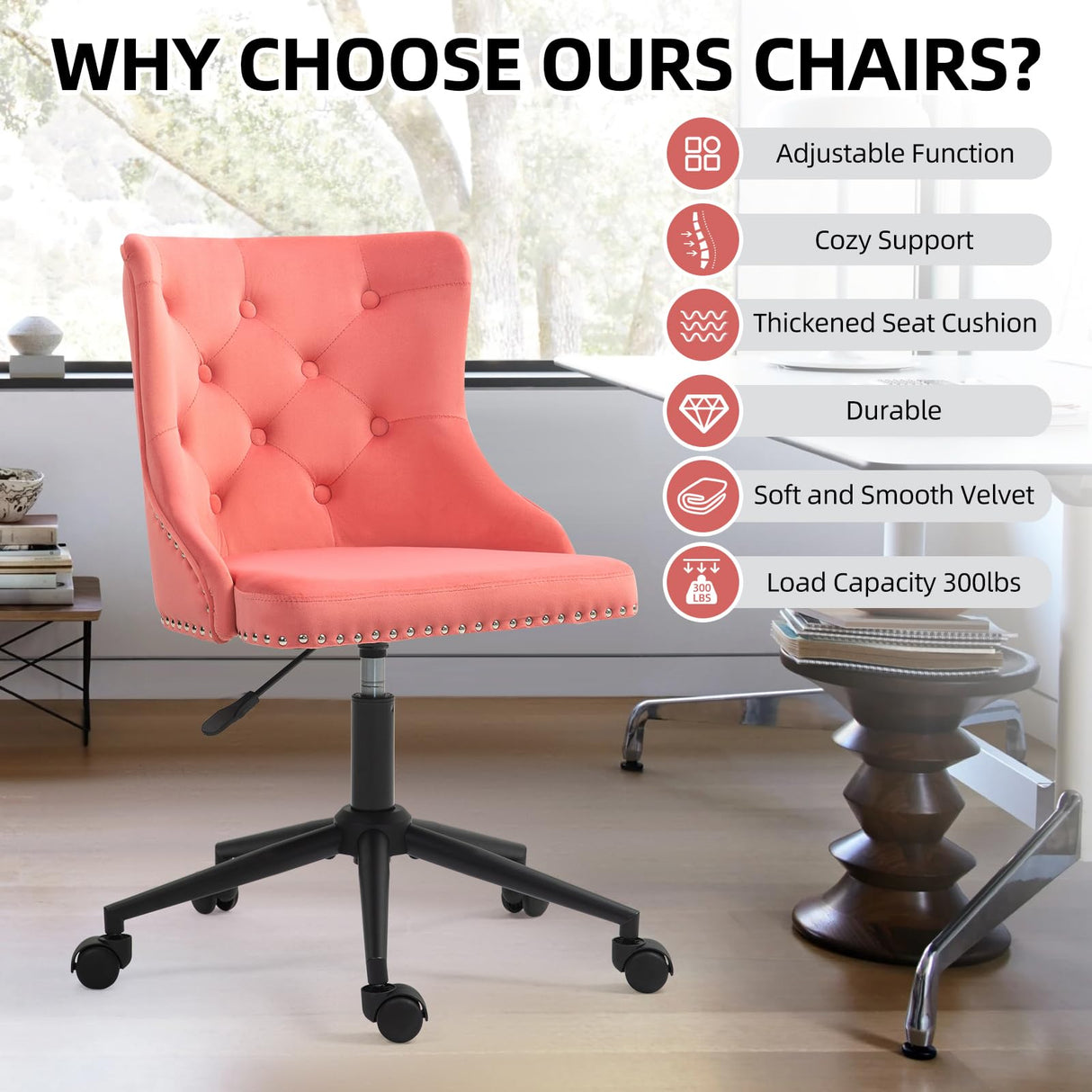 Velvet Upholstered Office Chair with Height Adjustable Base - Pink