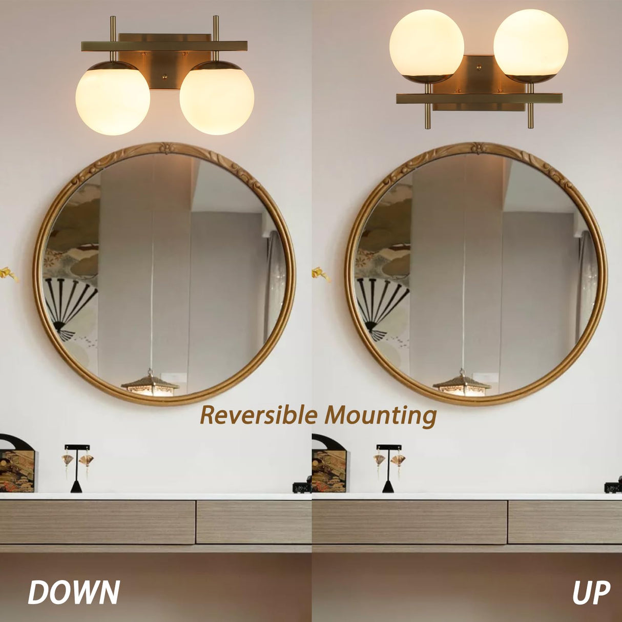 Gold Mid Century Modern Vanity Light Fixtures, 2 Light Bathroom Vanity Light,Globe