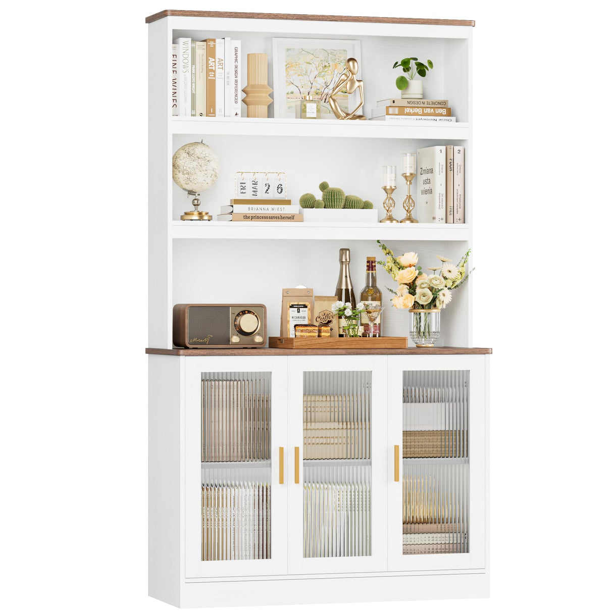 Tall Storage Cabinet, 73" Kitchen Pantry Cabinet with Doors, Kitchen Cupboard Open Shelf, 5 Tier Tall Bookcase with Storage for Living Room, Kitchen, White