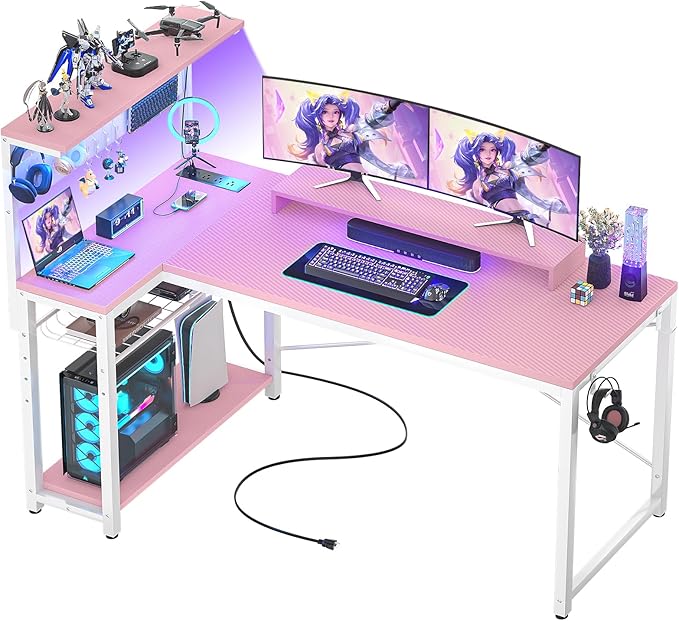 Small Gaming Desk with Power Outlets Pegboard LED Light, 43 Inch L Shaped Computer