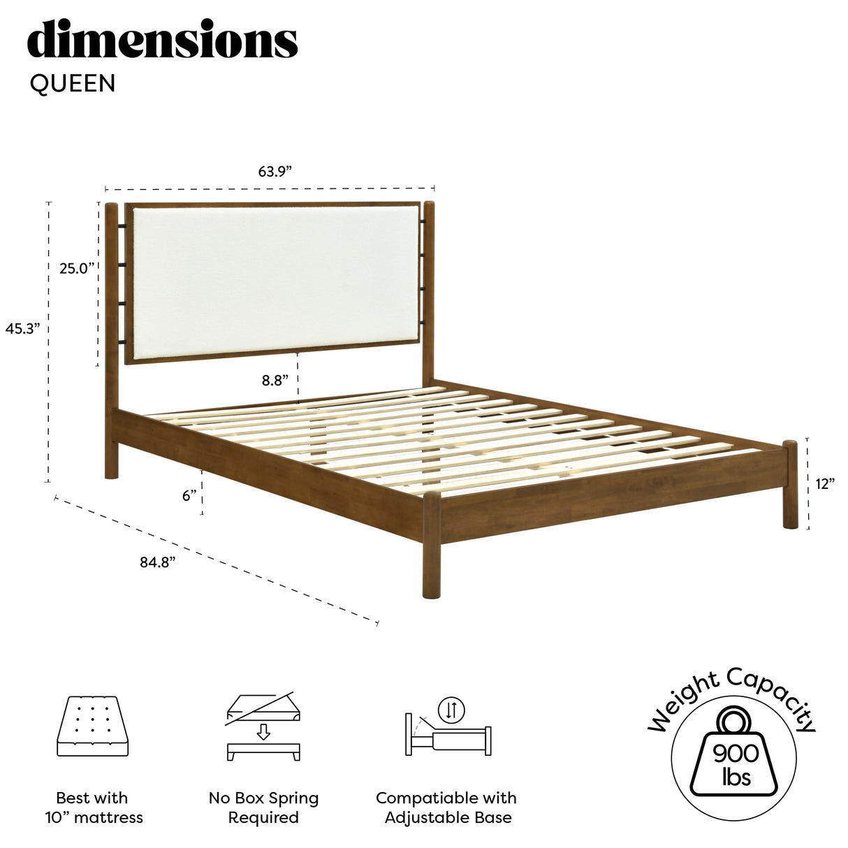 Queen Size Solid Wood Bed Frame with Upholstered Boucle Headboard