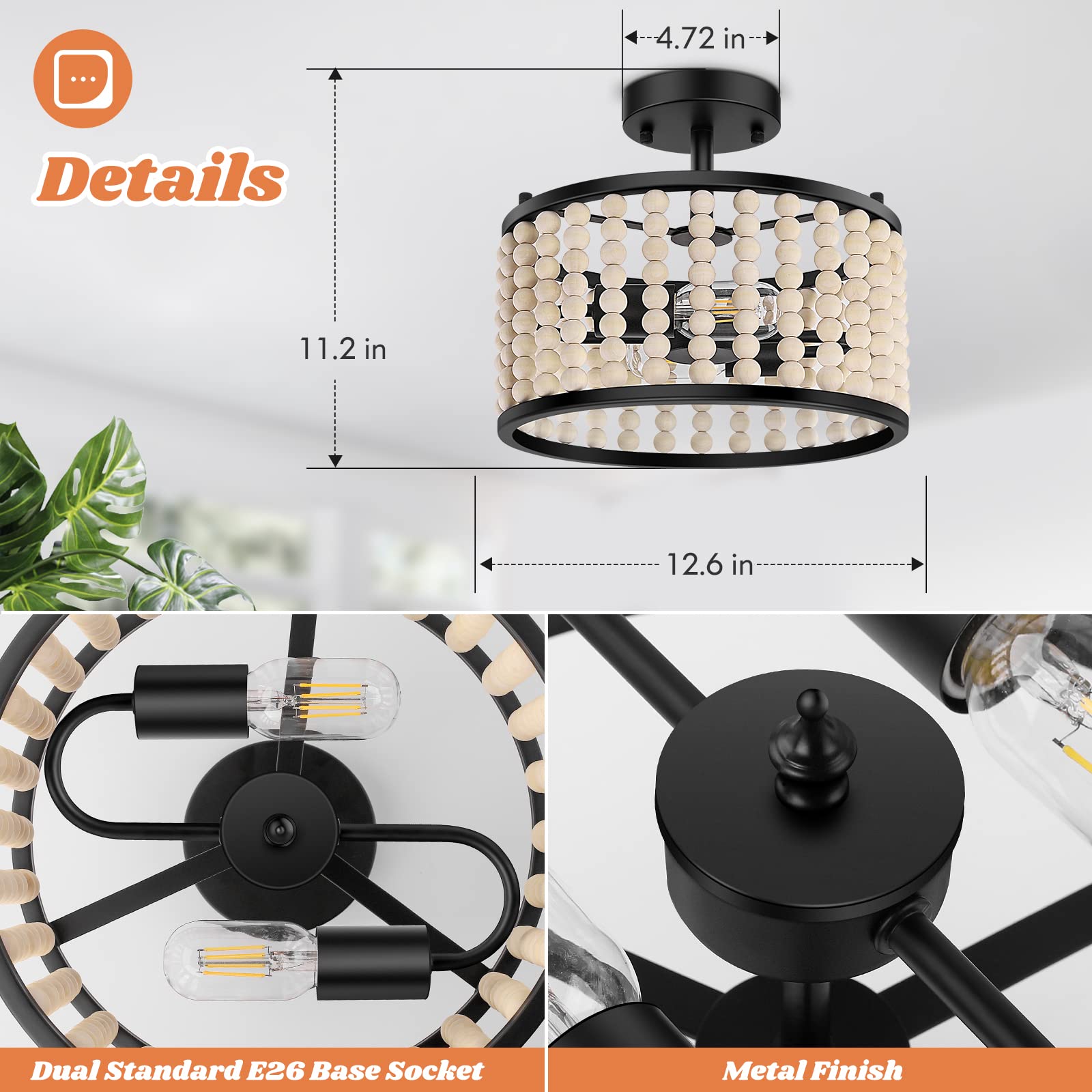 Farmhouse Boho Light Fixture - Wood Beaded Chandelier, Rustic Semi Flush Mount Ceiling Light, Black 2-Light Nursery Light Fixture for Kitchen Island Foyer Hallway Bedroom Living Room, E26 Base