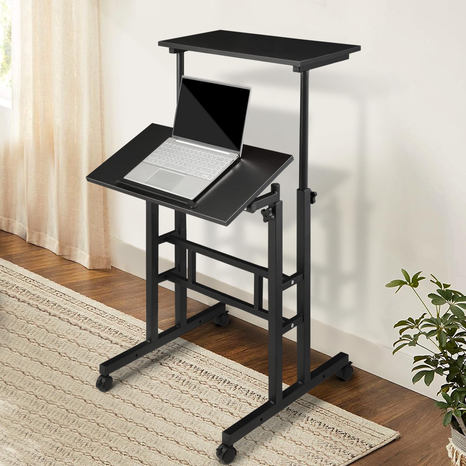 Collection Height Adjustable Rolling Desk Mobile Portable Laptop Stand Cart Small Sit Standing Desk Computer Table Workstation for Home Office, Black