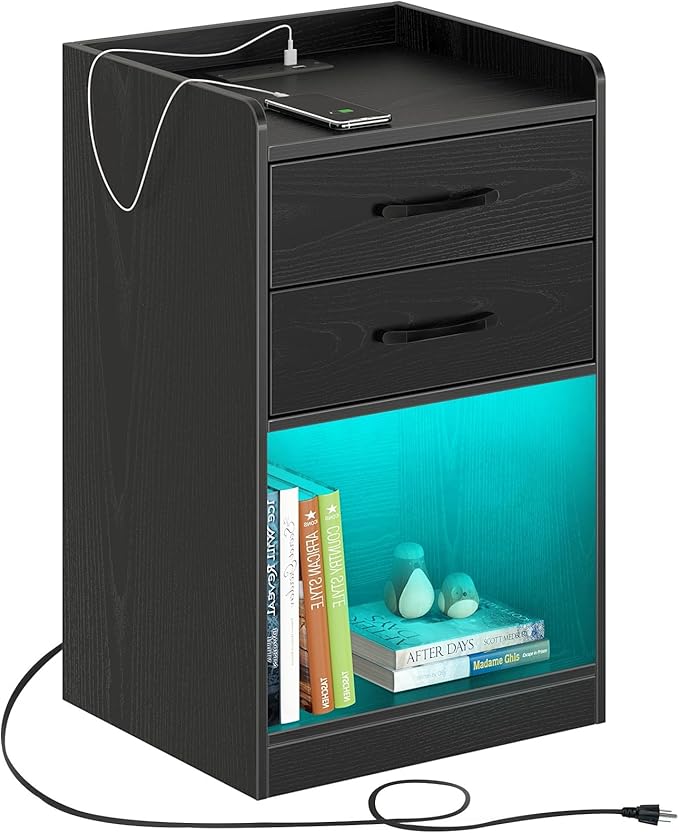 Nightstand with Charging Station and LED Lights, Modern Night Stand