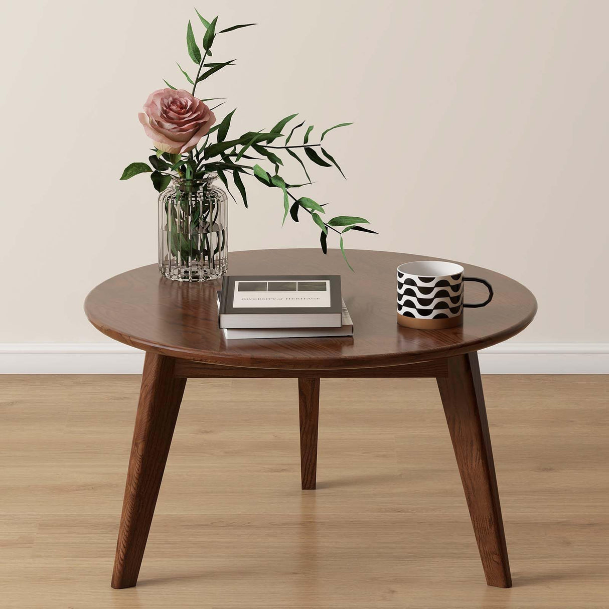 100% Solid Oak Wood Mini Coffee Table, Round Cofffe Table Side Table w/Solid Wood Legs, Walnut Mid Century Coffee Table Sturdy