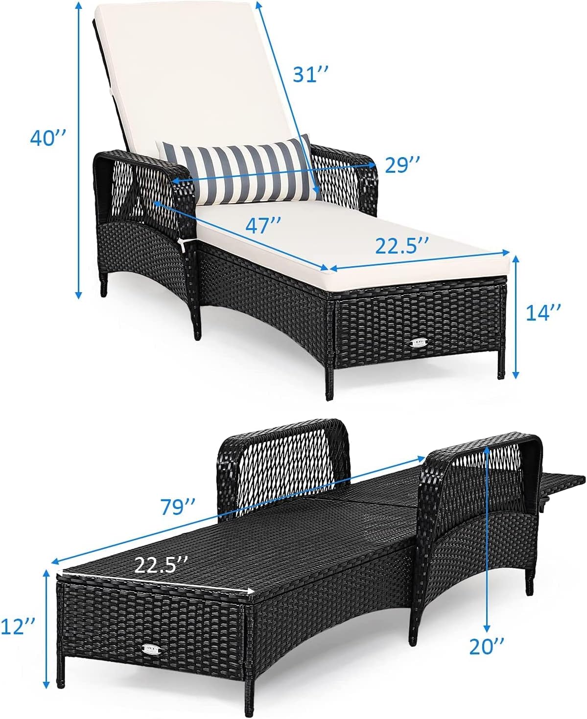 LUARANE Patio Wicker Chaise Lounge, Outdoor Rattan Leisure Recliner, Included Thick Cushion and Removable Lumbar Pillow, 6-Position Adjustable Backrest Suitable for Lawn, Beach, Balcony