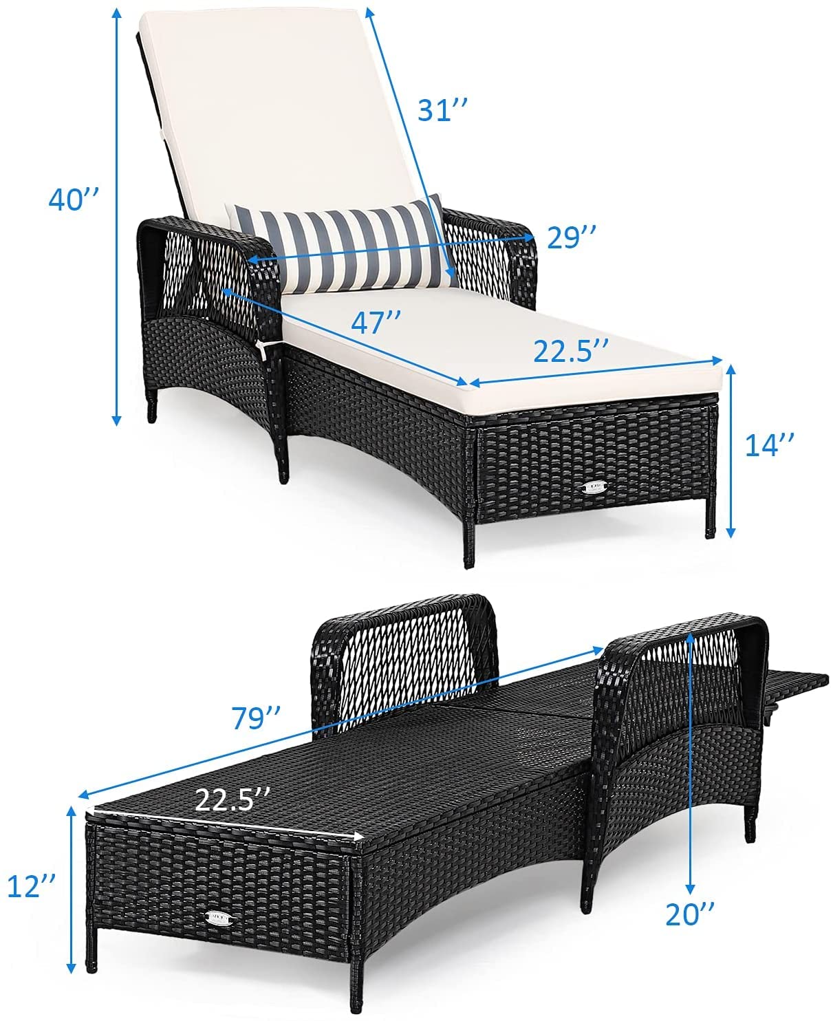 LUARANE Patio Wicker Chaise Lounge, Outdoor Rattan Leisure Recliner, Included Thick Cushion and Removable Lumbar Pillow, 6-Position Adjustable Backrest Suitable for Lawn, Beach, Balcony