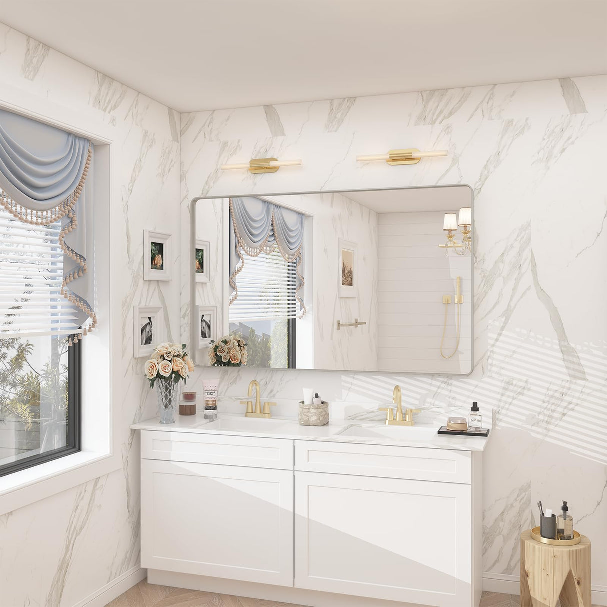 Silver Brushed Bathroom Mirror for Wall, Brushed Silver Metal Framed Bathroom