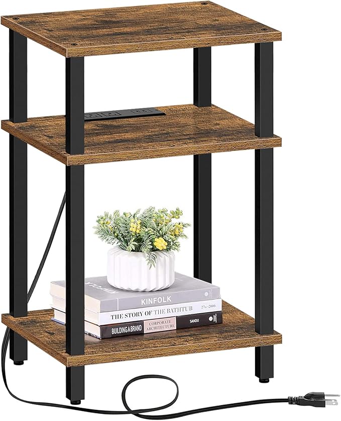 End Table with Charging Station, Side Table with USB Ports and Outlets, Nightstand, 3
