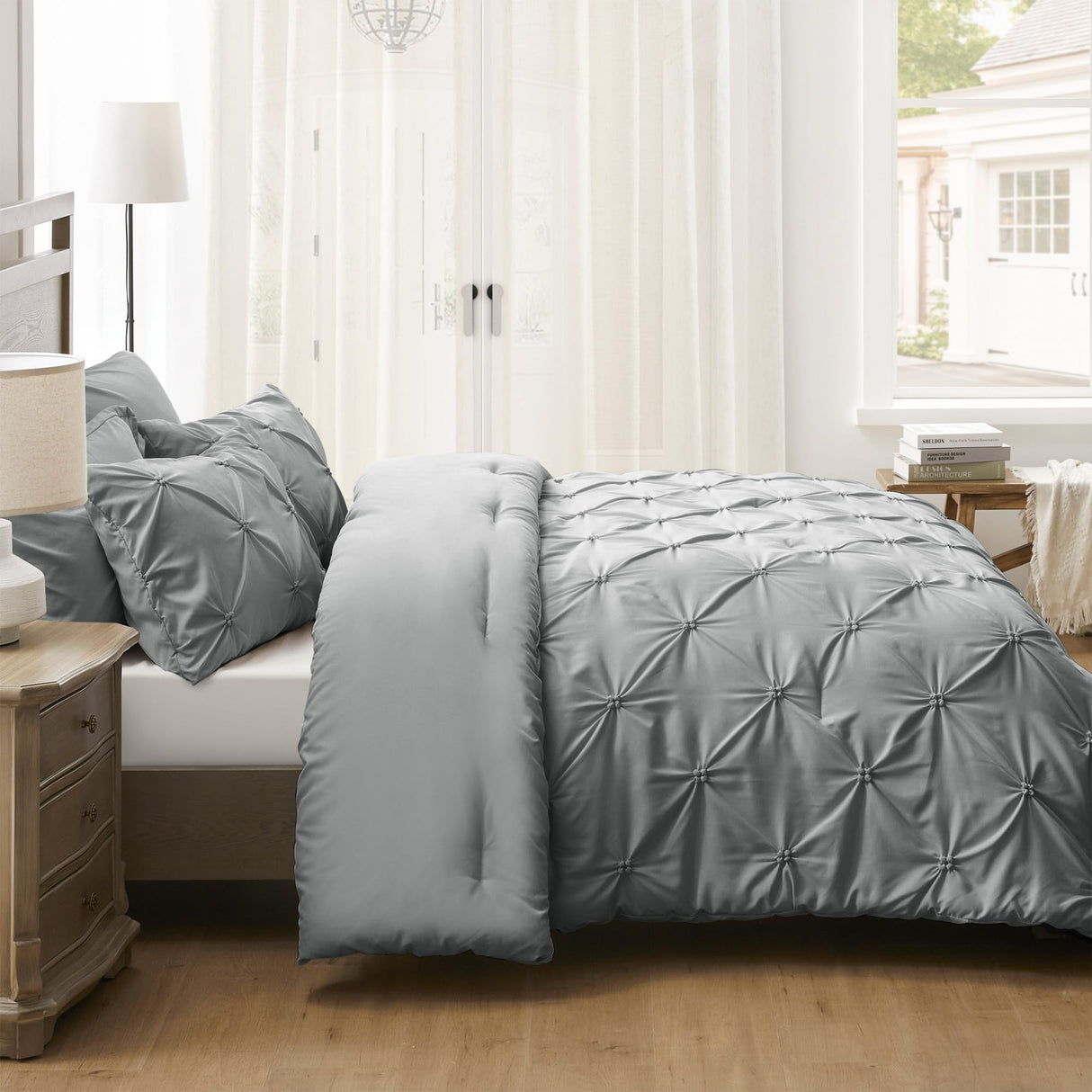 King Size Comforter Set Gray - Soft Fluffy Pintuck Down Alternative Bedding Set