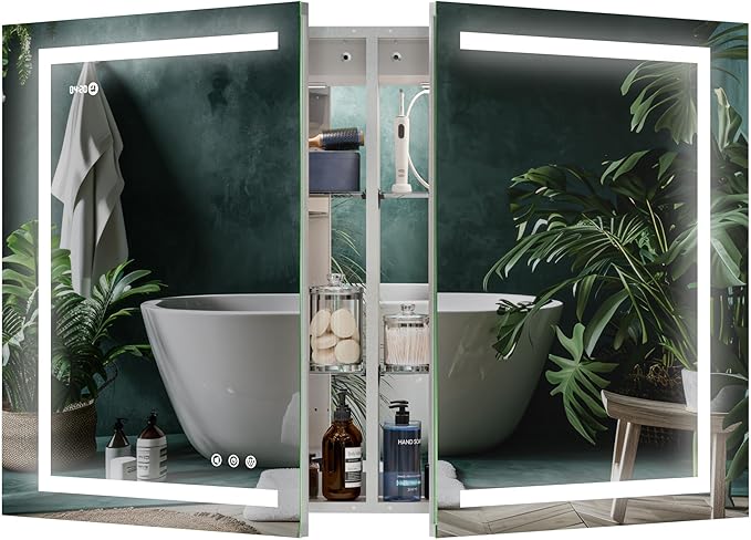 Lighted Medicine Cabinet Front & Backlit Dimmable Colours, Clock & Temp, USB Outlets