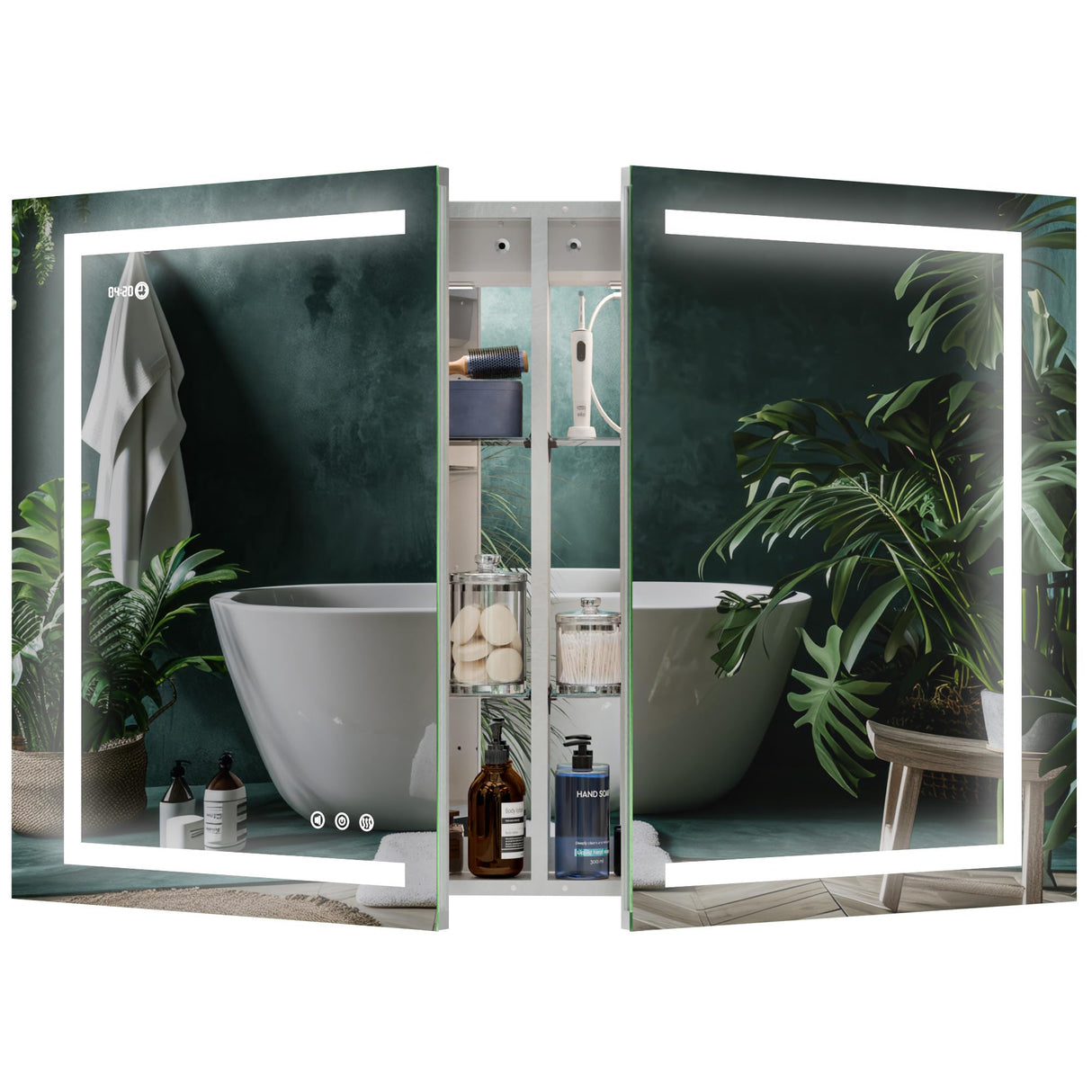 Lighted Medicine Cabinet Front & Backlit Dimmable Colours, Clock & Temp, USB Outlets