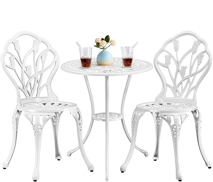 Cast Aluminum Bistro Set - 3-Piece Outdoor Patio Table and Chairs with Umbrella Hole