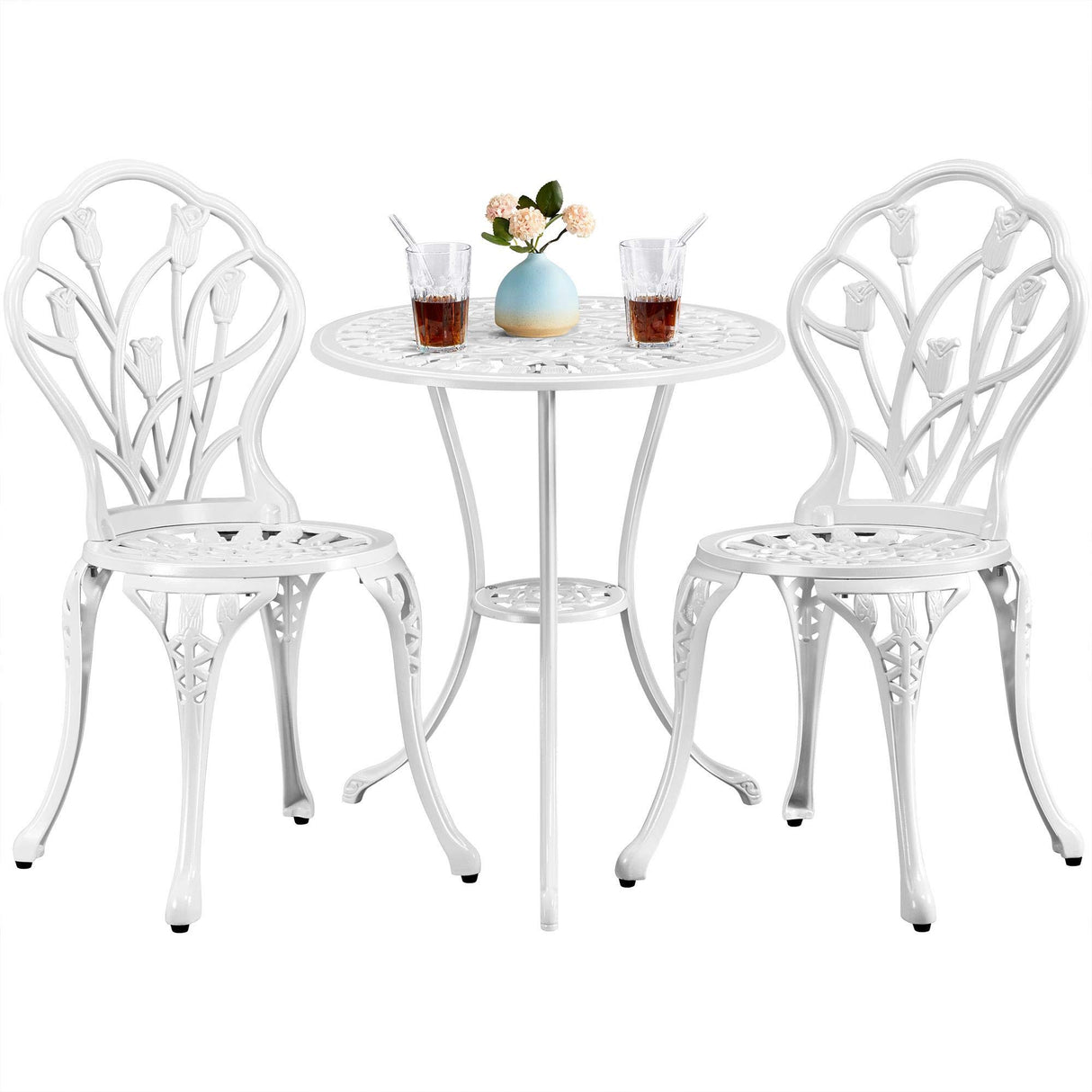 3-Piece Outdoor Bistro Set w/Floral Design, Rust-Resistant Cast Aluminum Table and Chairs w/Umbrella Hole for Balcony, Backyard, Garden, White