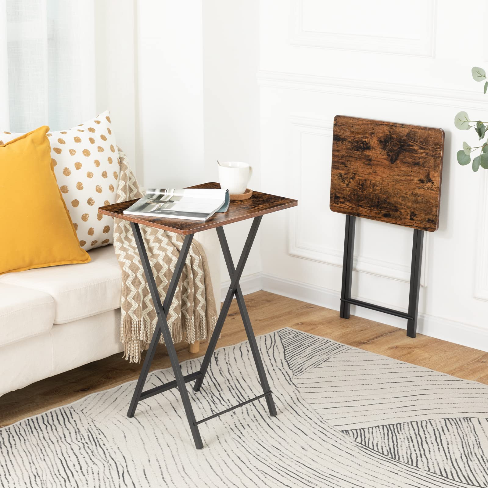 Rustic Brown Folding TV Tray Table – Metal Frame Snack Table