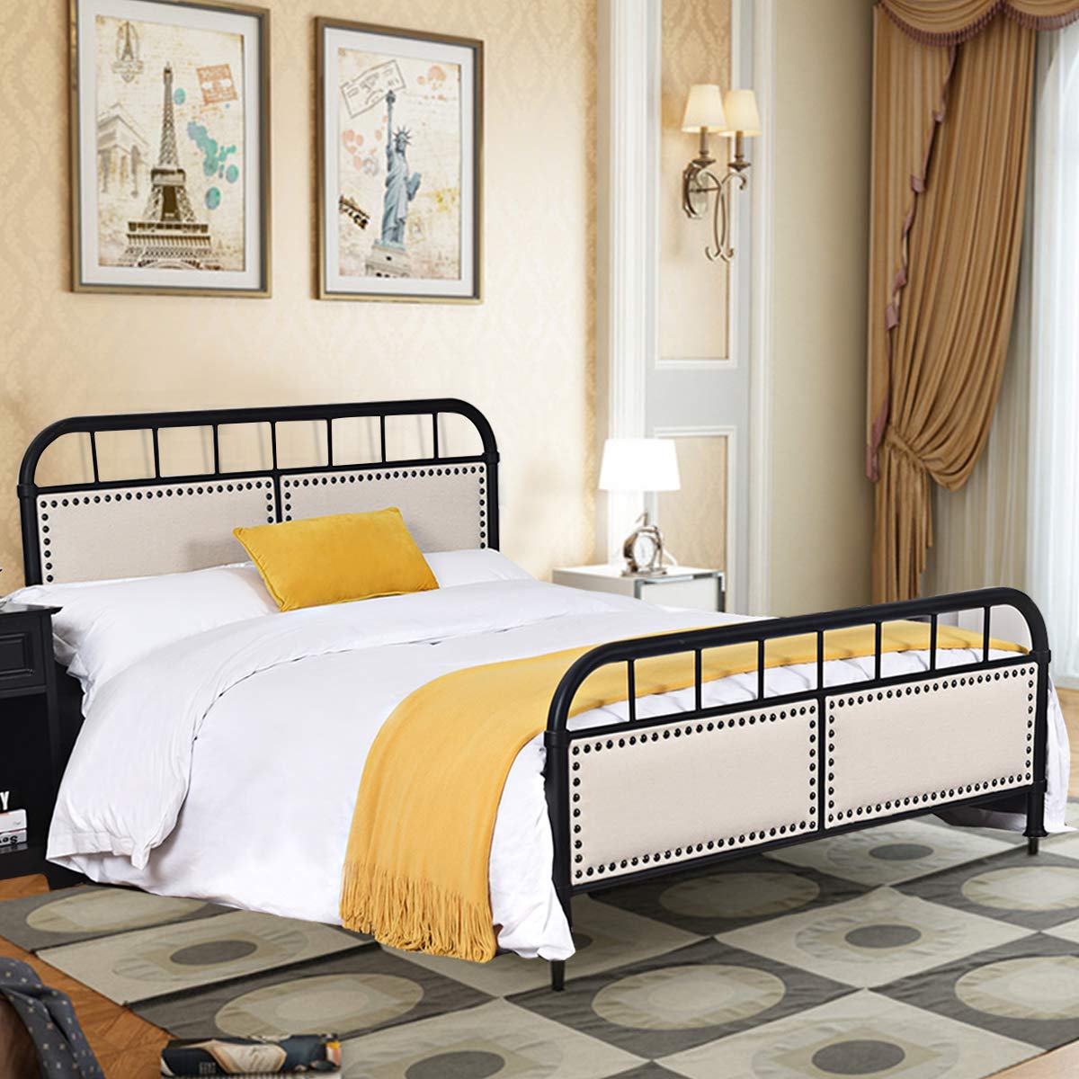 Metal Bed Frame, Full Size Bed Platform with Comfortable Upholstered Headboard