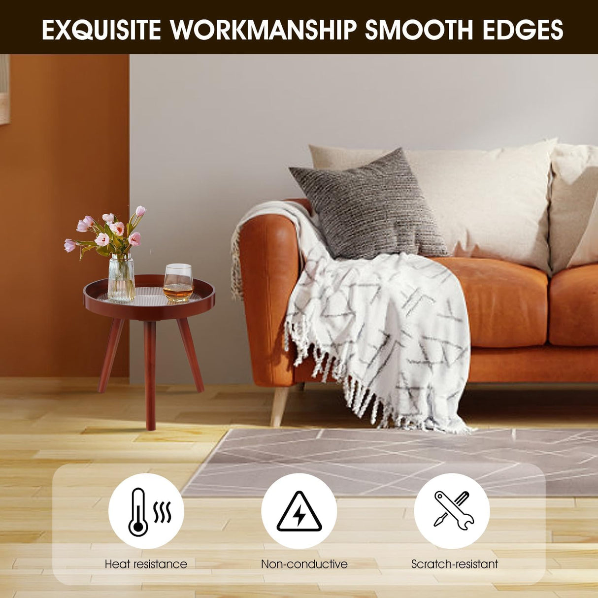 Small Round End Table, Side Tables for Patio, Mid Century Modern Rustic Accent Table with Solid Wood Legs, Reddish Brown Finish, Perfect for Bedroom, Living Room, Indoor Or Outdoor - Bircata