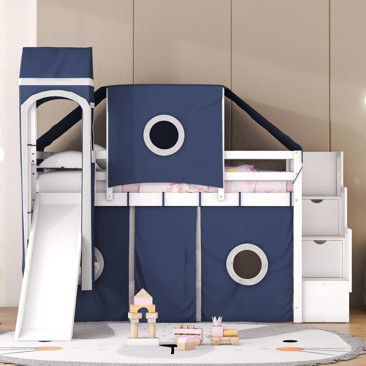 Designs House Loft Bed with Slide and Storage Stairs, Wood Kids Loft Bed with Tent and Tower