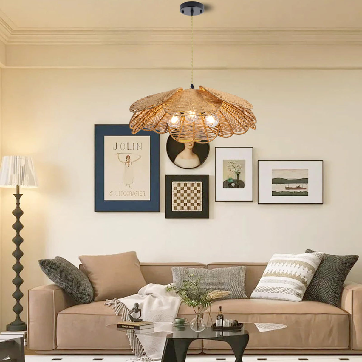 WYYSDWNE 3 Light Rattan Chandelier, 21.8 in Boho Chandelier Light Fixture, Hand Woven Wicker Pendant Light for Dining Room, Living Room, Hallway, Kitchen