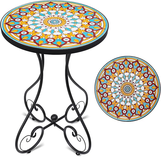 Mosaic Outdoor Side Table, Round Rustproof Patio Tables with 14" Ceramic Tile Top