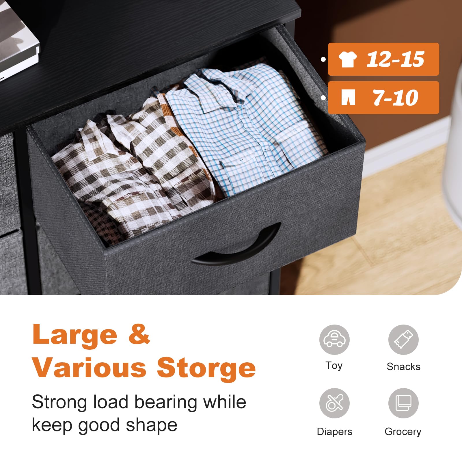 Sweetcrispy 6 Drawer Dresser for Bedroom, Fabric Chest of Drawers Dressers, Storage Tower Unit with Fabric Bins, Bedroom Dresser for Closet, Living Room, Hallway, Wood Top, Steel Frame, Grey