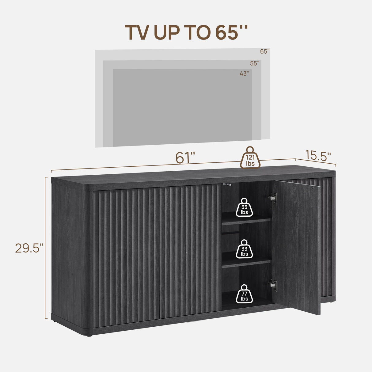 65-Inch TV Stand with Storage - Modern Fluted Entertainment Center