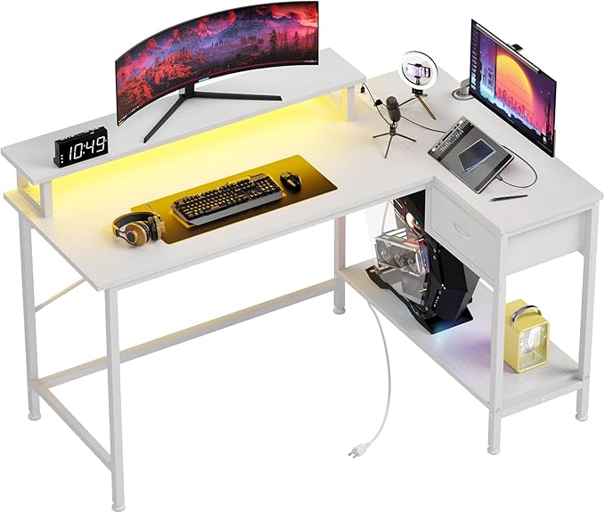 L Shaped Gaming Desk with Power Outlets and LED Lights, 43 Inch Computer Desk with Charging Port, Small Corner Desk Table with Drawer and Shelf, Home Office Desk with Monitor Stand, Black