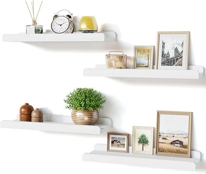 White Floating Shelves for Wall Set of 4, Wood Wall Shelves with Lip