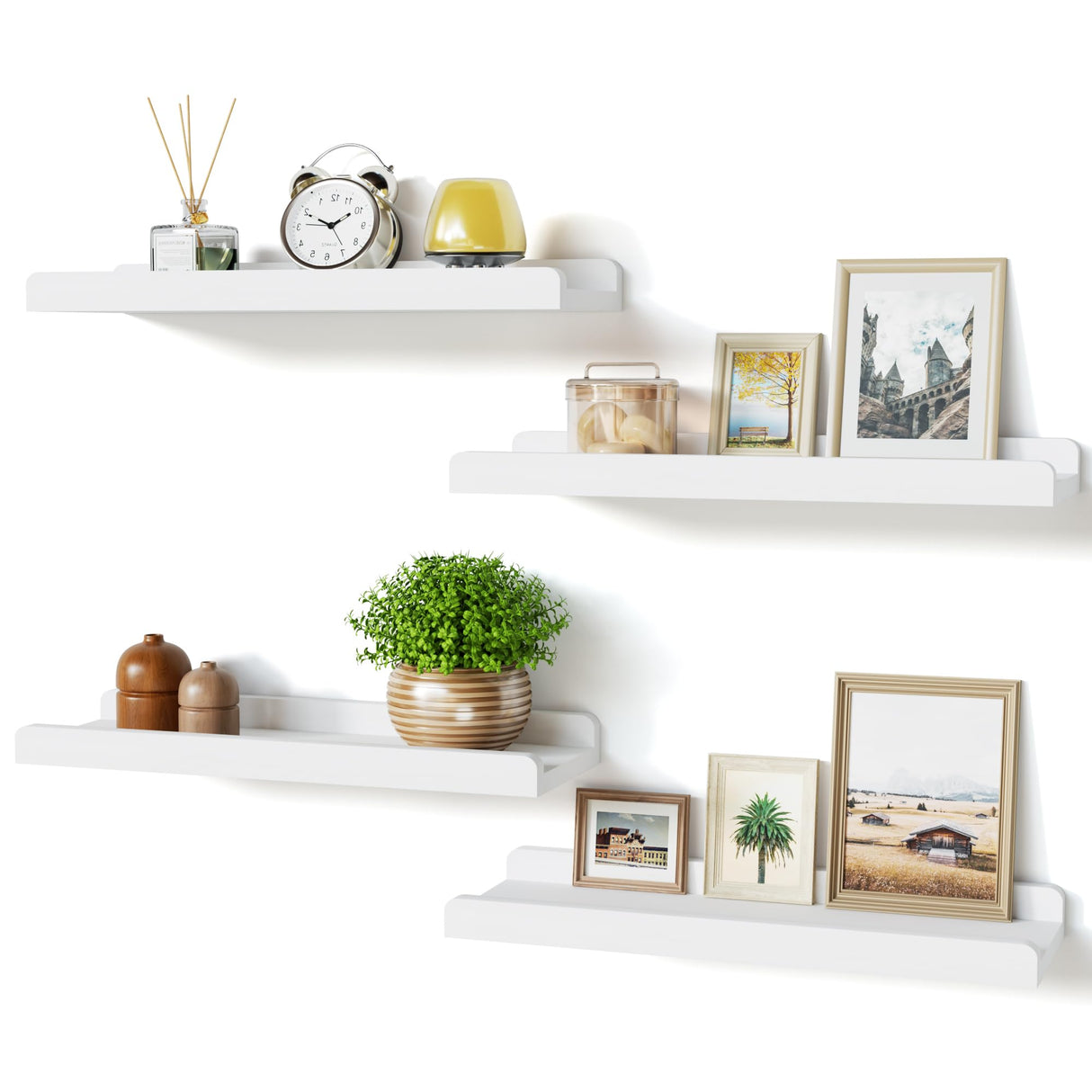 White Floating Shelves for Wall Set of 4, Wood Wall Shelves with Lip
