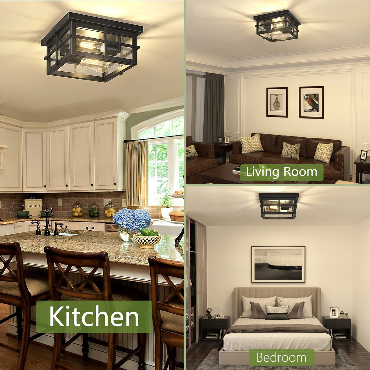 Outdoor Ceiling Light Fixtures, 2-Light Black Flush Mount Light Fixtures with Clear Glass S