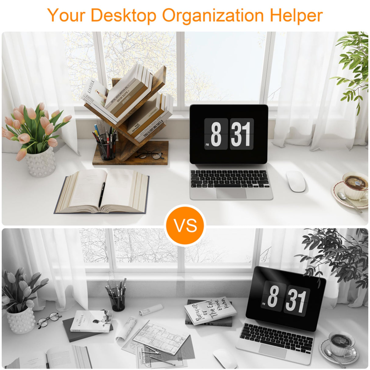 Tajsoon Tree Bookshelf 3 Tier Book Storage Organizer Shelves, Desktop Bookshelf Floor Standing Bookcase Display for CDs/Magazine/Books, Small Bookshelf for Bedroom, Living Room Office, Rustic Brown