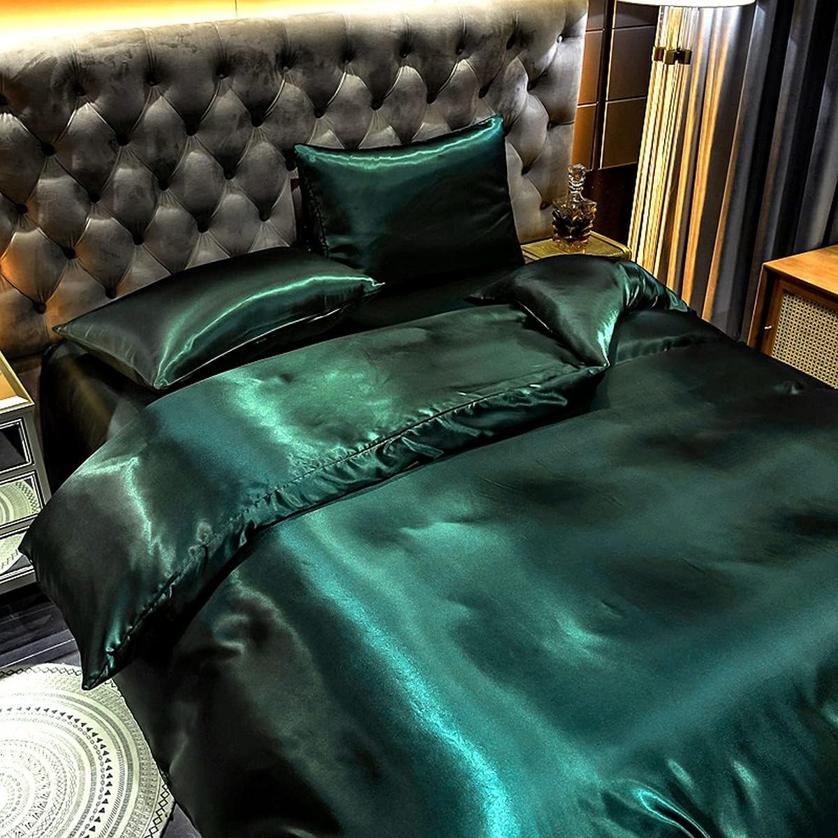 Hotel Green Duvet Cover Set Queen Silk Like Satin Bedding Set Summer Reversible