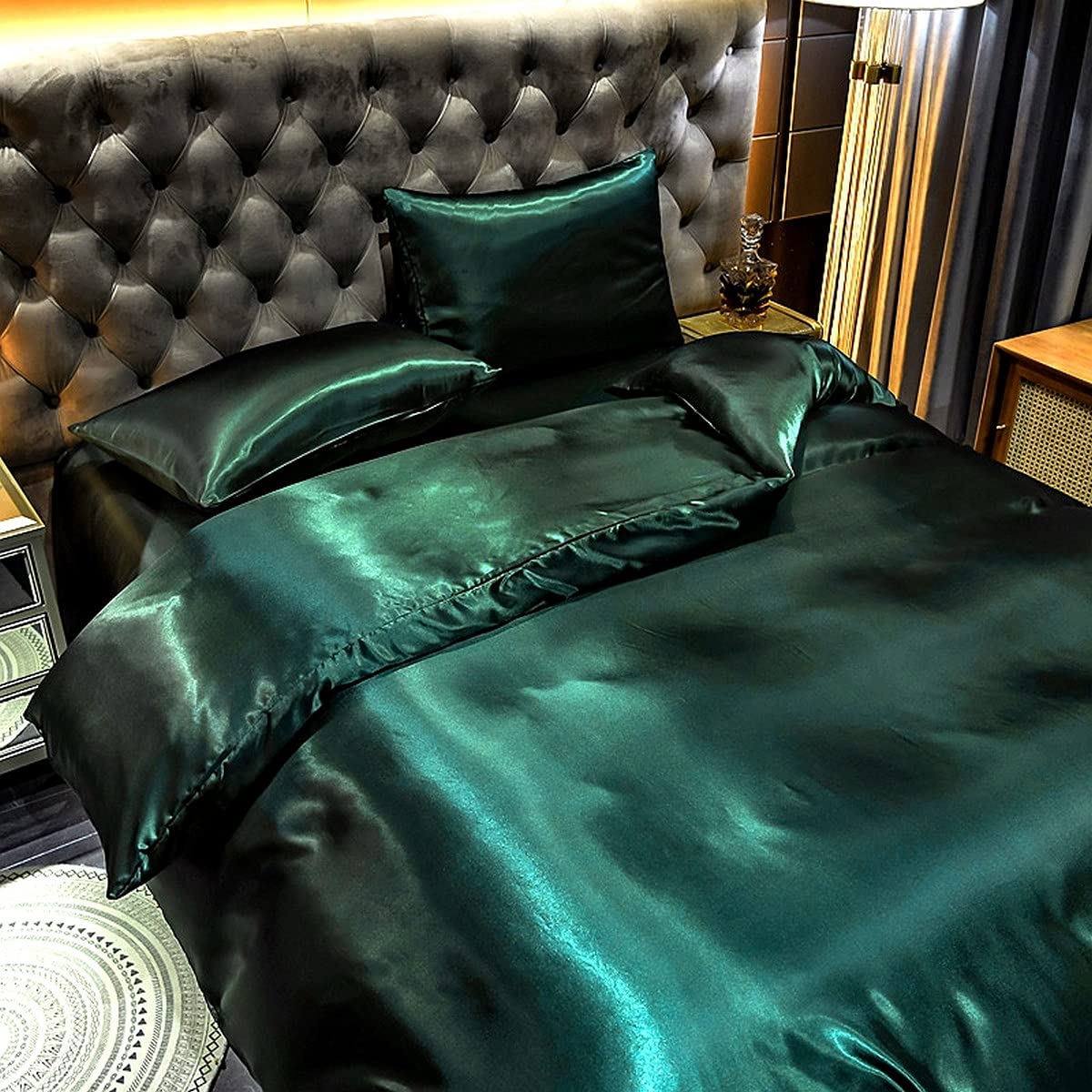 Hotel Green Duvet Cover Set Queen Silk Like Satin Bedding Set Summer Reversible
