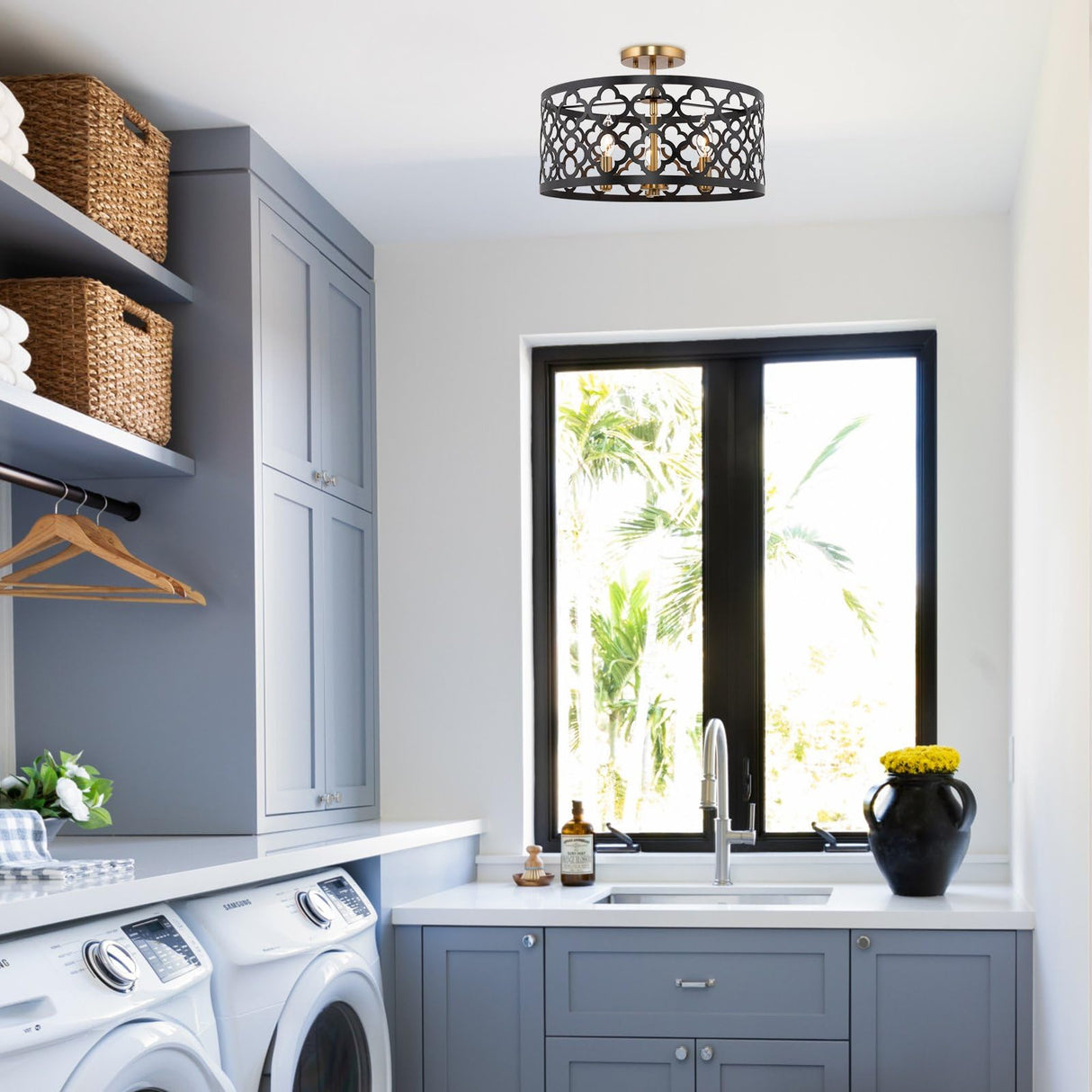 Sutton 16" 3-Light Modern Semi-Flush Mount Ceiling Light, Metal Drum Shade