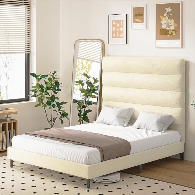 Tall Headboard Bed Frames, 61.1" Queen Size Bed Frame with Cashmere Upholstered,
