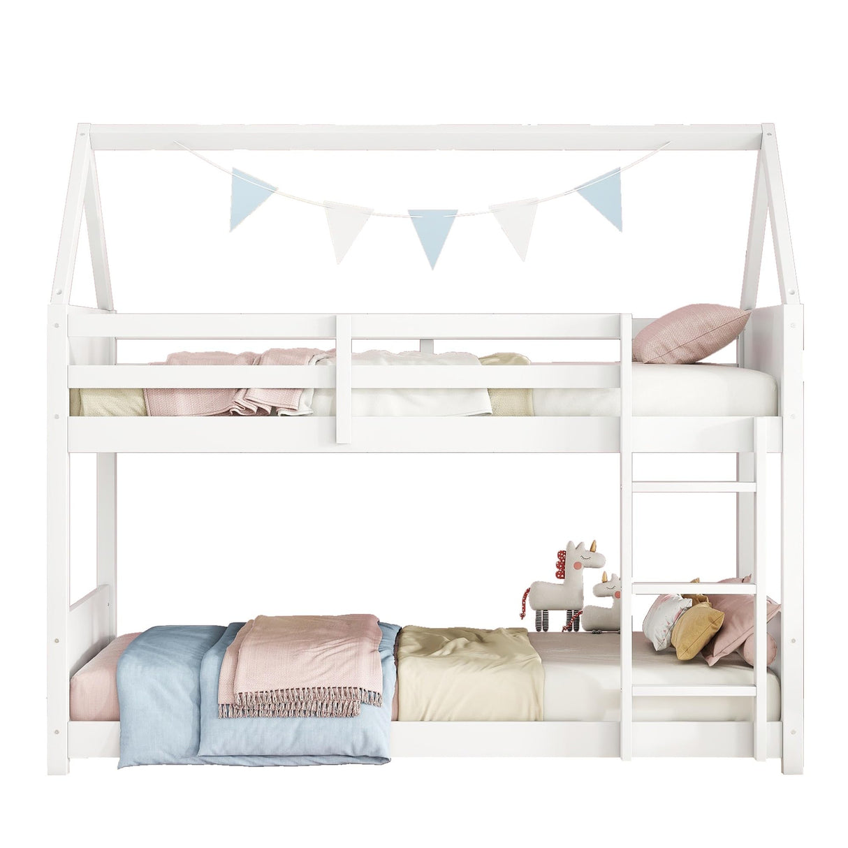 Twin Over Twin House Floor Bunk Bed, Wooden Bunk Bed with Headboards, Footboards, Guardrails and Ladder, Space-Saving Design, Safety Guaranteed, White
