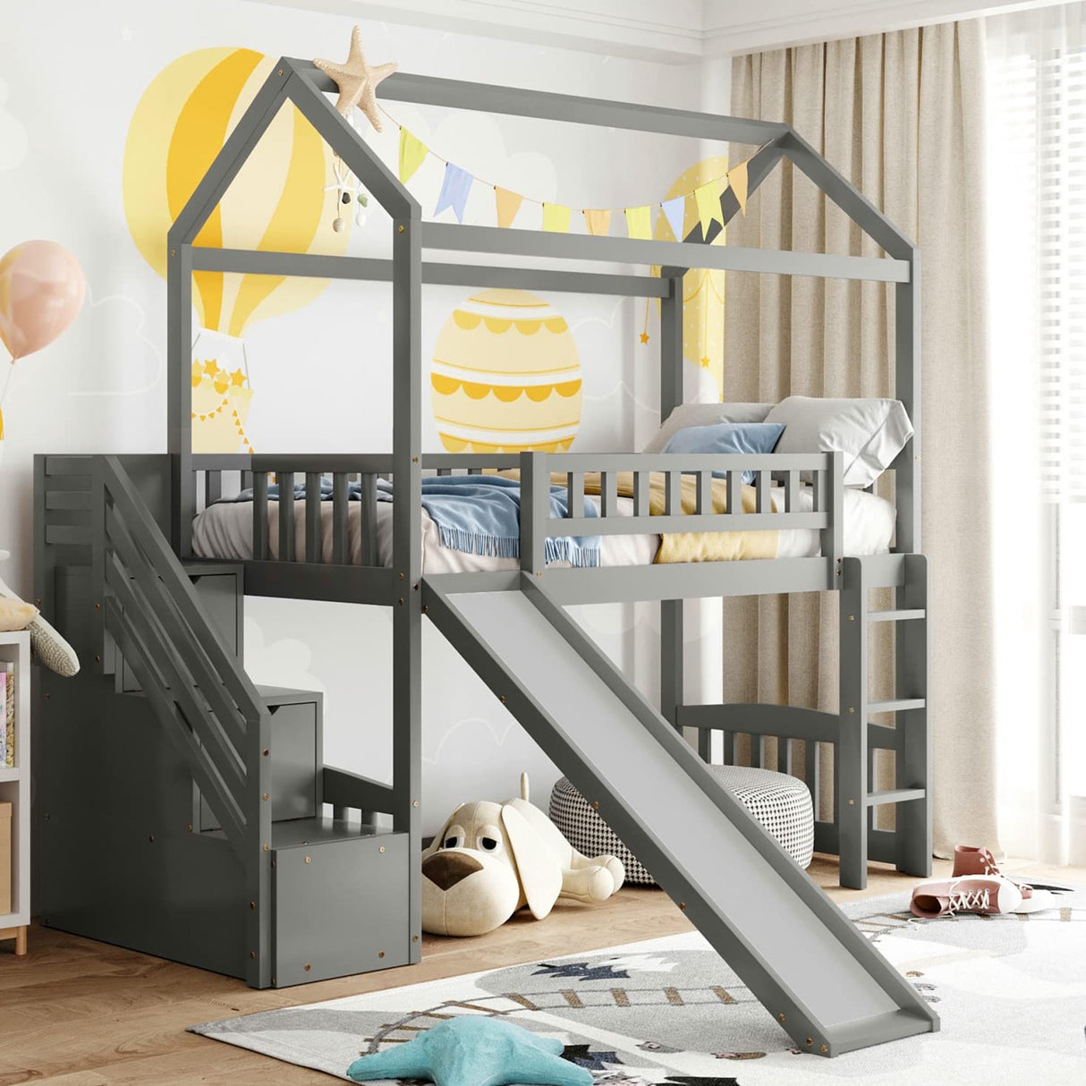 Twin Loft Bed with Stairs and Slide, Wooden House Loft Bed Twin Size