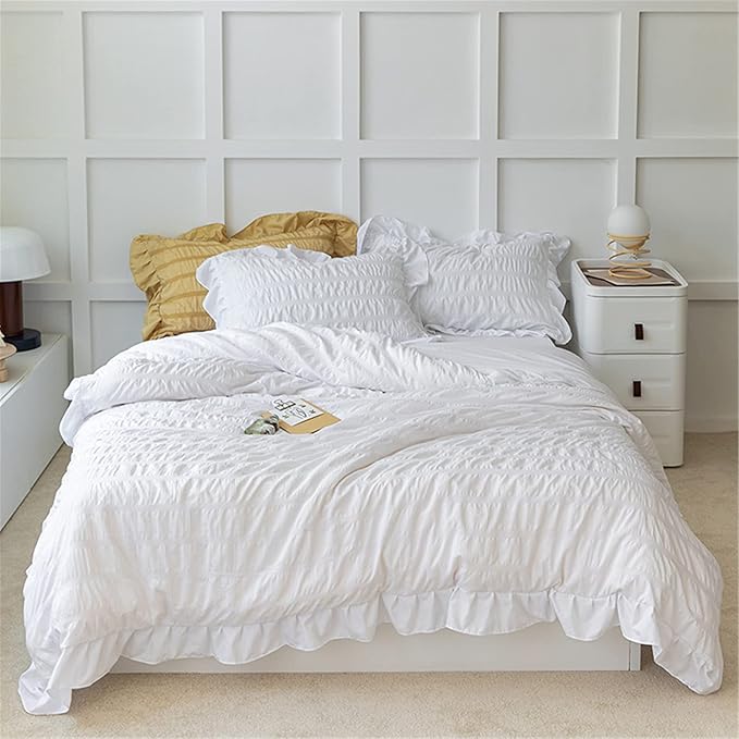 White Ruffled Bedding-2 Pieces Twin Seersucker Duvet Cover Textured Stripe Style, Soft
