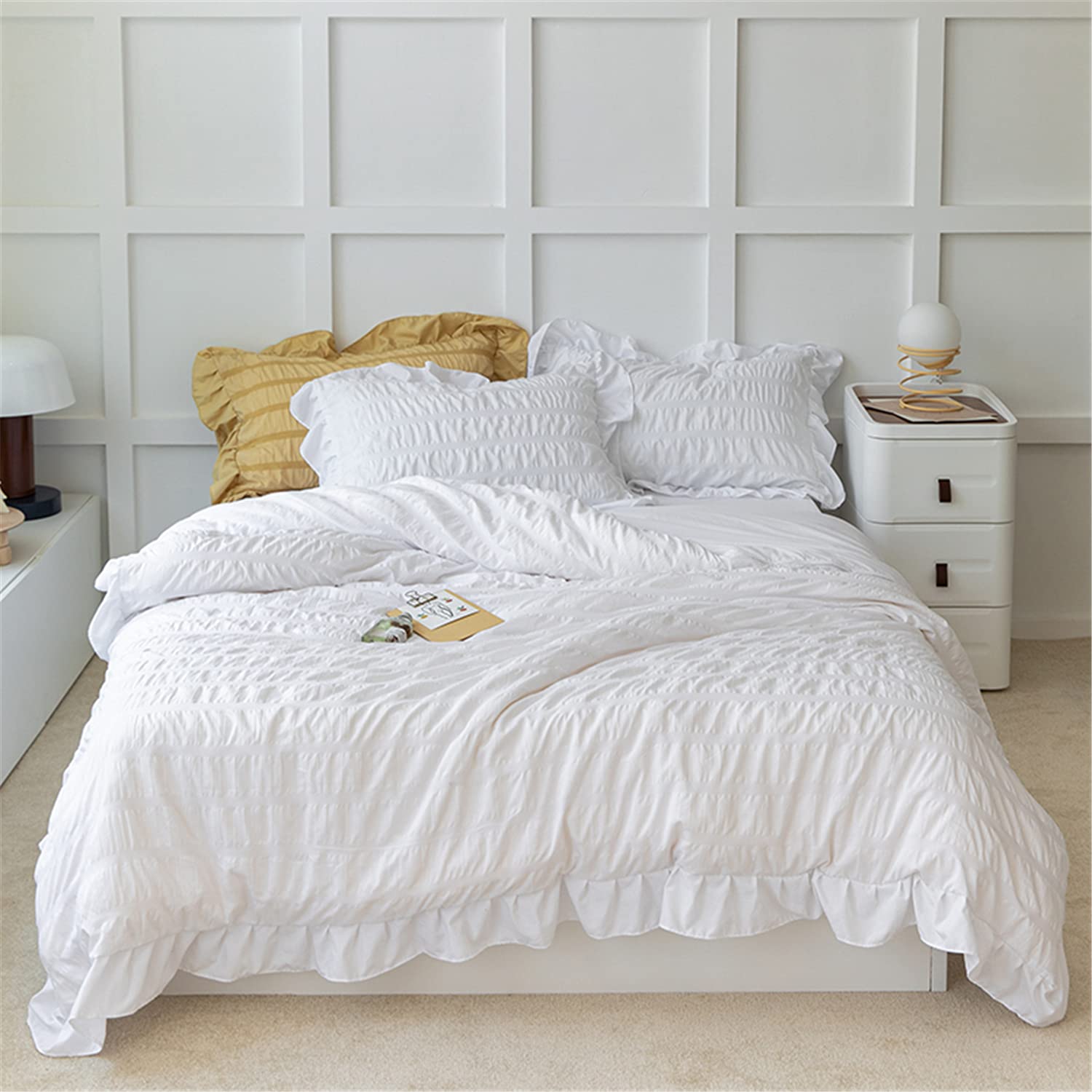White Ruffled Bedding-2 Pieces Twin Seersucker Duvet Cover Textured Stripe Style, Soft