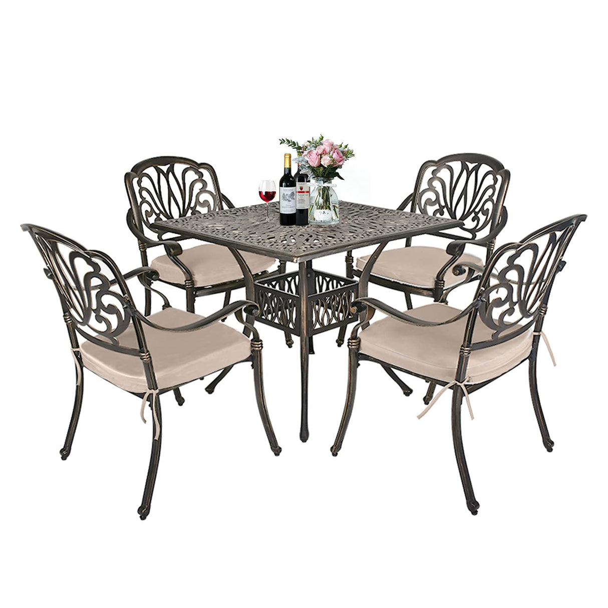 5-Piece Cast Aluminum Outdoor Patio Dining Set, 4 Pattern Chairs and 35.4" Square Table