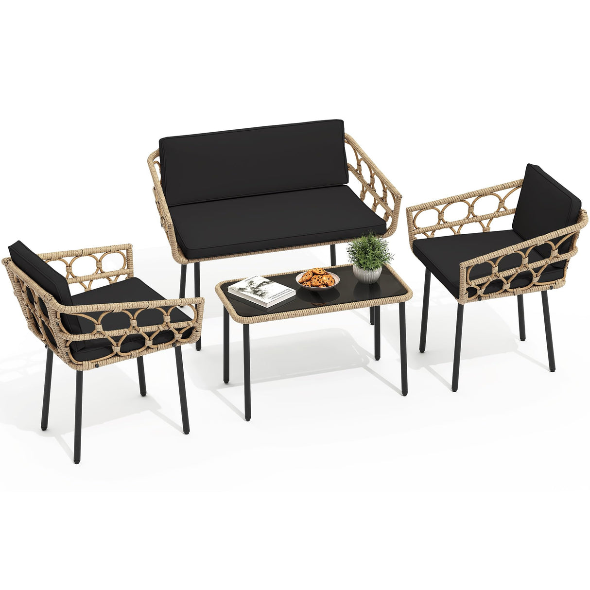 YITAHOME 4 Pieces Patio Furniture Set, Wicker Outdoor Bistro Set, All-Weather Rattan Conversation Set with Loveseat Chairs Table Cushions for Backyard, Pool, Deck, Garden – Black