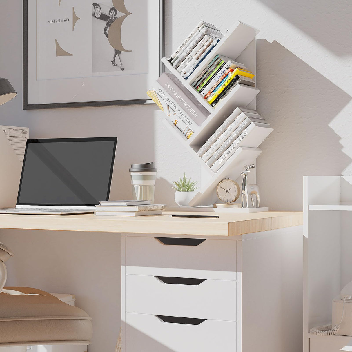 YMYNY 4 Tier Tree Bookshelf, Small Bookcase, Modern Wood Book Storage Rack, Freestanding Book Shelf for Books/Movies/CDs, Narrow Display Rack for Living Room, Home Office, White UHBC014W