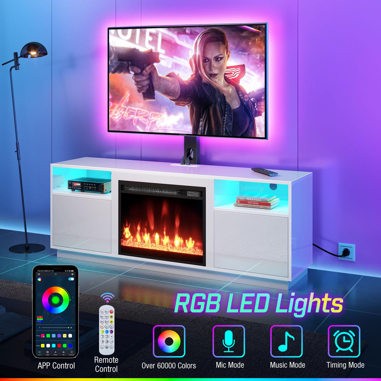 Fireplace TV Stand with Led Lights and Power Outlets, Entertainment Center