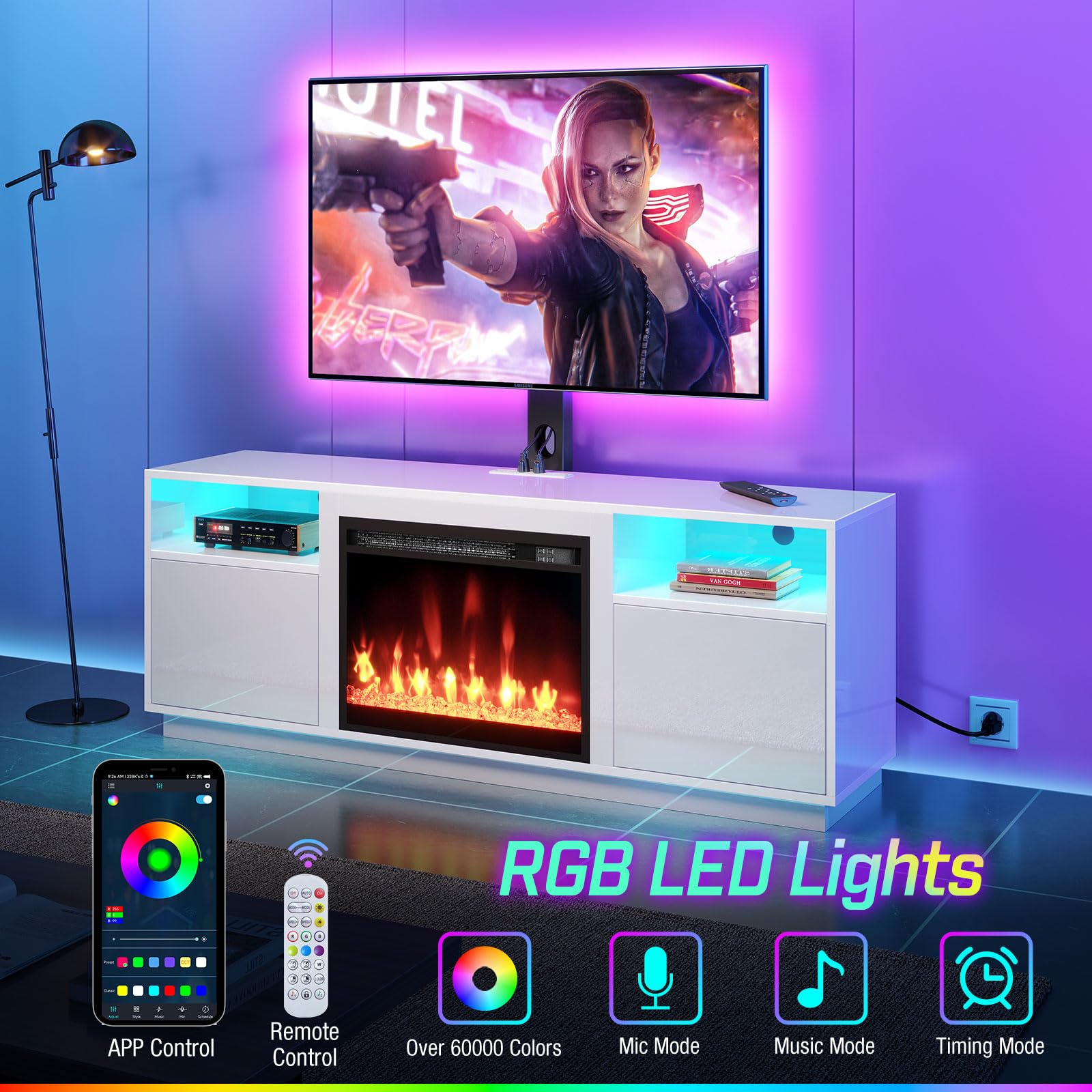 Fireplace TV Stand with Led Lights and Power Outlets, Entertainment Center