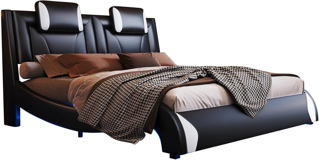 LED Full Size Bed Frame with Faux Leather Headboard
